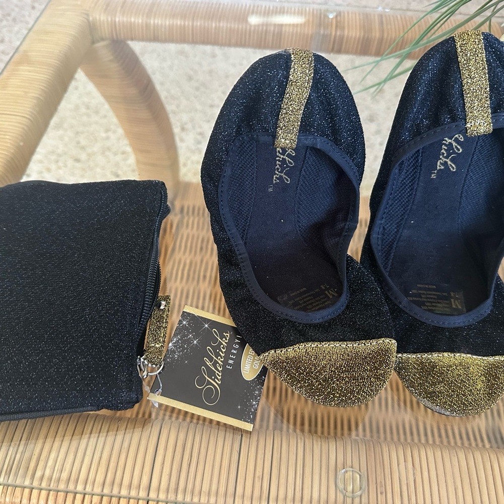 Ballet Flats, Sidekicks, Foldable, Gold and Black, 7-8